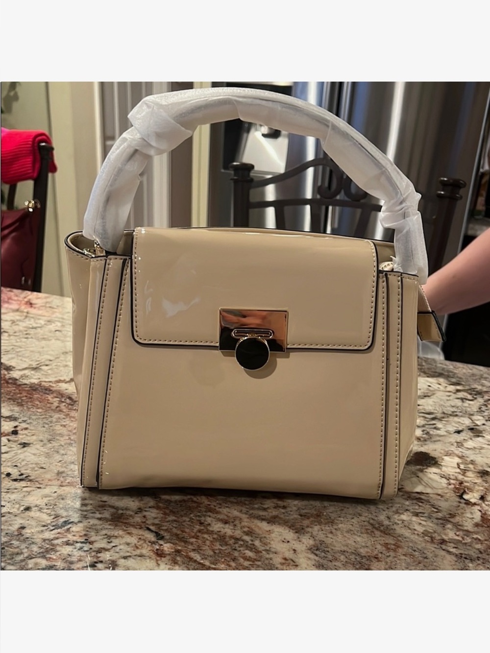 Beige Patent Leather Top-Handle Satchel